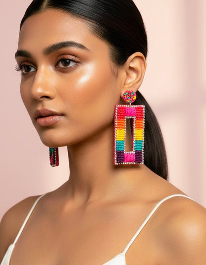 Vibrant Rainbow Drop Handmade Beaded Earrings