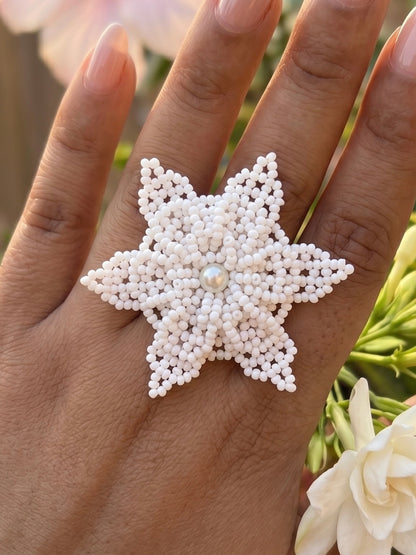 Snow White Delicate Snowflake 3D Crochet Handmade Beaded Ring