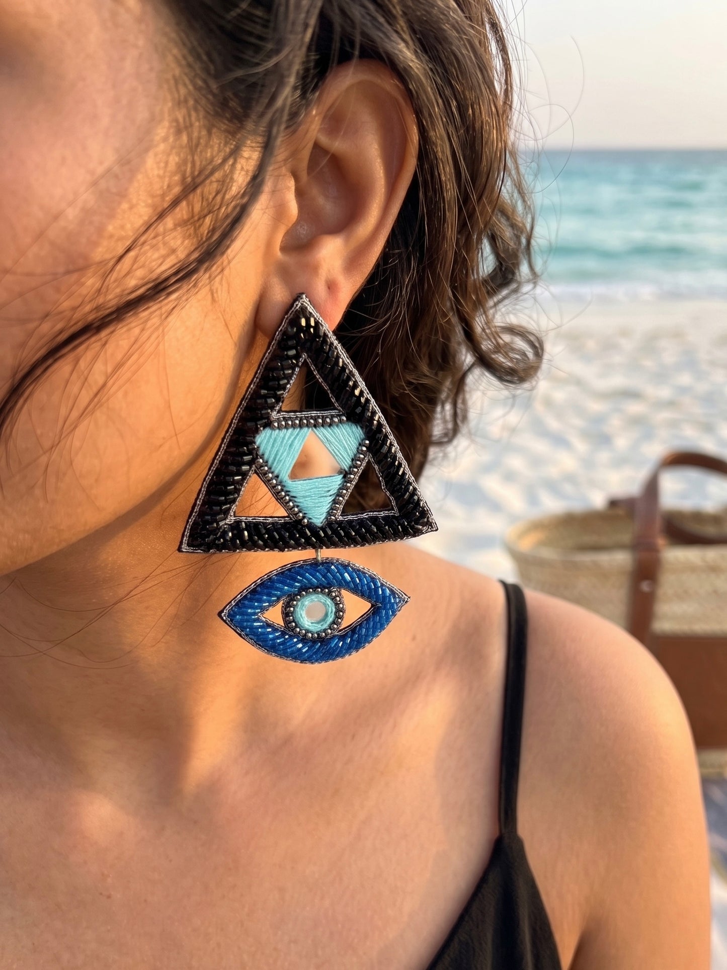 Electric Black & Blue Evil Eye Handmade Beaded Earrings