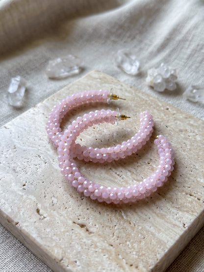 Woven Blush Pink Crystal Handmade Beaded Hoop Earrings