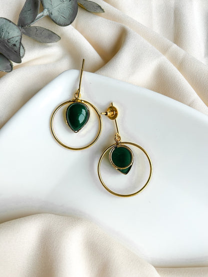 Emerald Green Monalisa Teardrop Handmade Brass Earrings