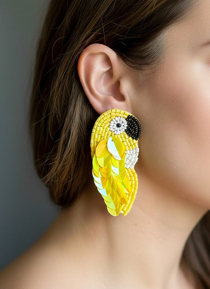 Sunny Yellow Parrot Handmade Beaded Bird Earrings