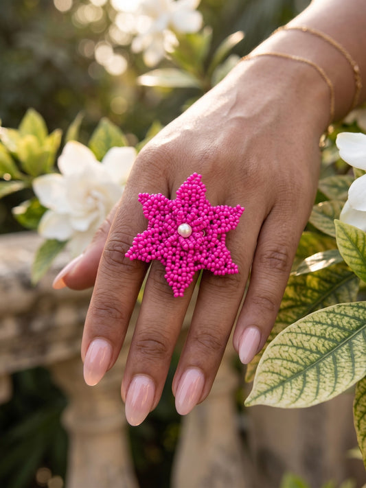 Fuchsia Pink Delicate Snowflake 3D Crochet Handmade Beaded Ring