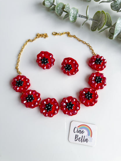 Sparkling Red Daisy Handmade Beaded Necklace + Earrings Set
