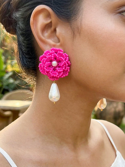 Crochet Pink 3D Rose Pearl Drops Flower Handmade Beaded Earrings