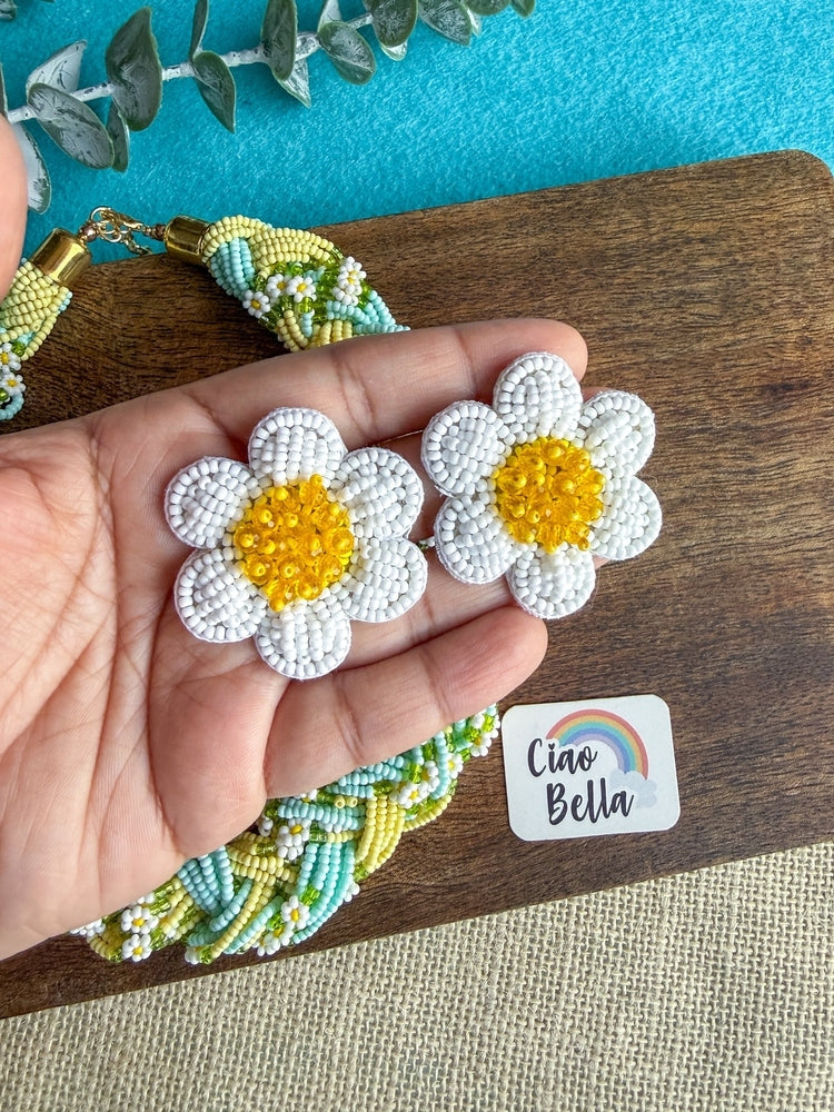 Luxe Flora Light Blue Yellow Handmade Beaded Necklace + Earrings Set