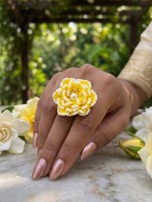 Crochet Yellow White 3D Rose Flower Handmade Beaded Ring