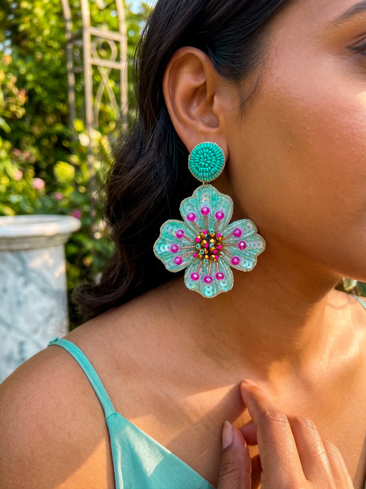 Ocean Teal Glow Blue Flower Handmade Beaded Earrings