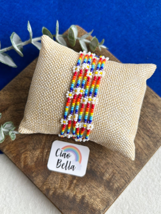 Spring Bloom Rainbow Daisy Handmade Beaded Bracelet