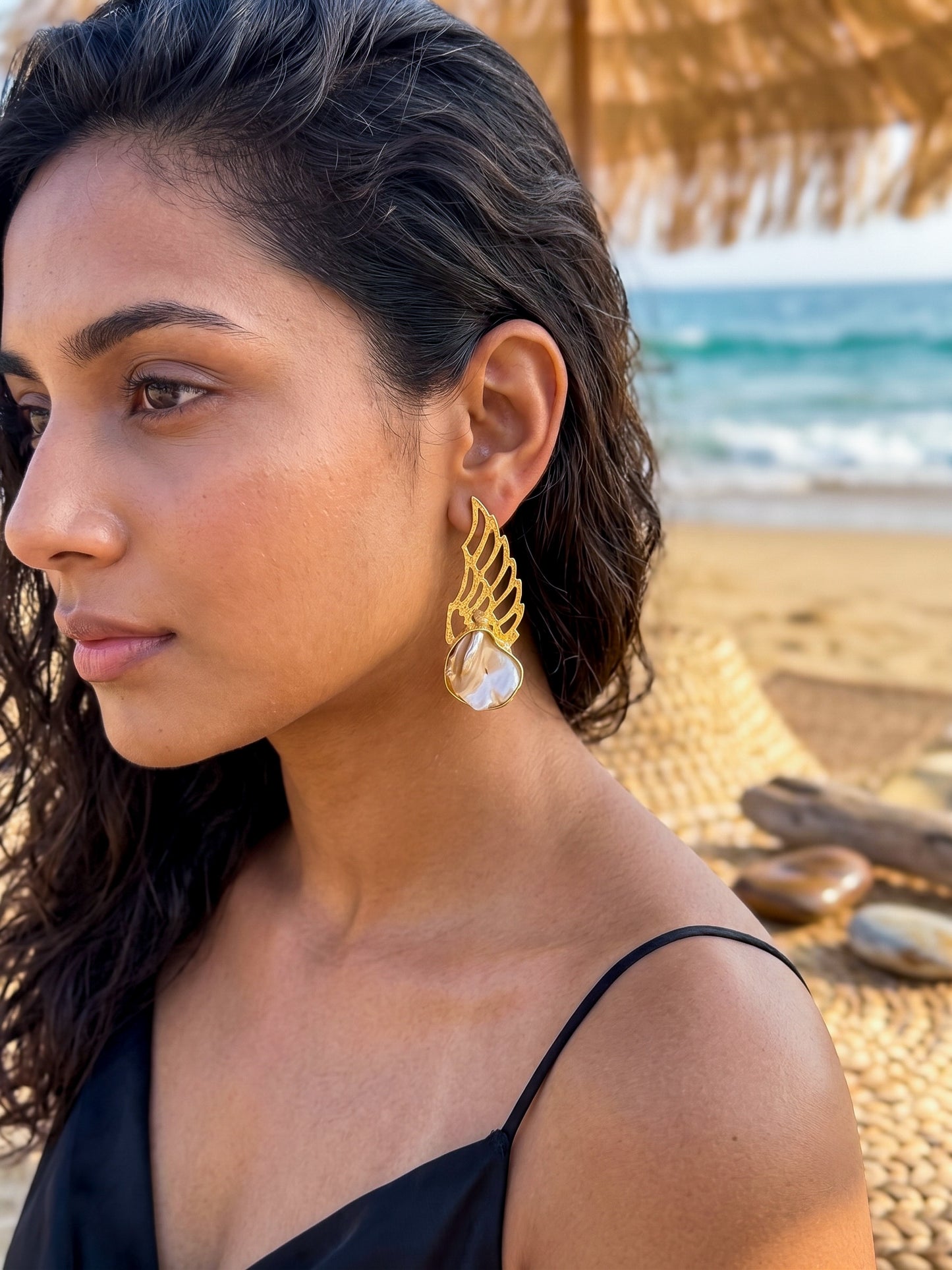Angel Wings Mother of Pearl Handmade Brass Earrings