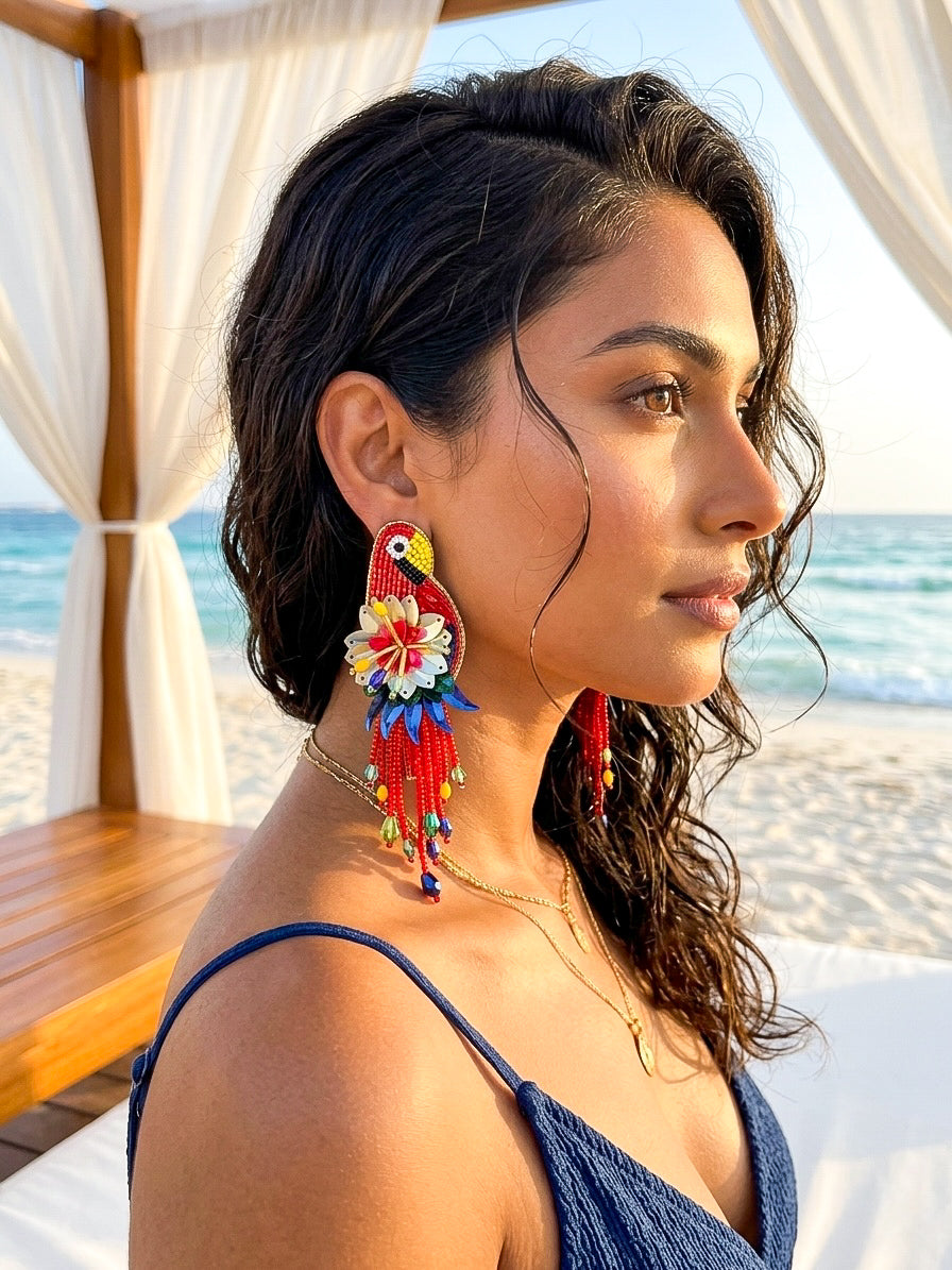 Luxe Paradise Red Parrot Handmade Beaded Bird Earrings