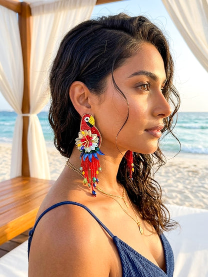 Luxe Paradise Red Parrot Handmade Beaded Bird Earrings
