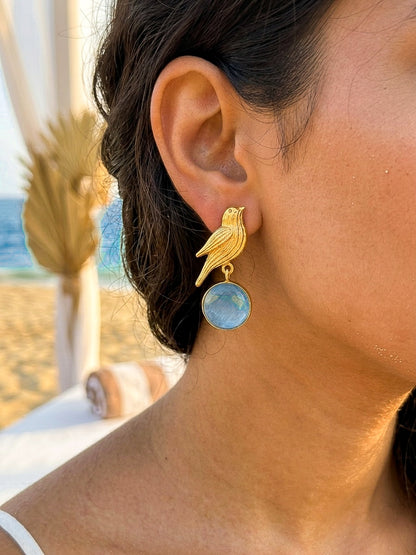 Hello Birdie Handmade Brass Earrings - Aqua Round