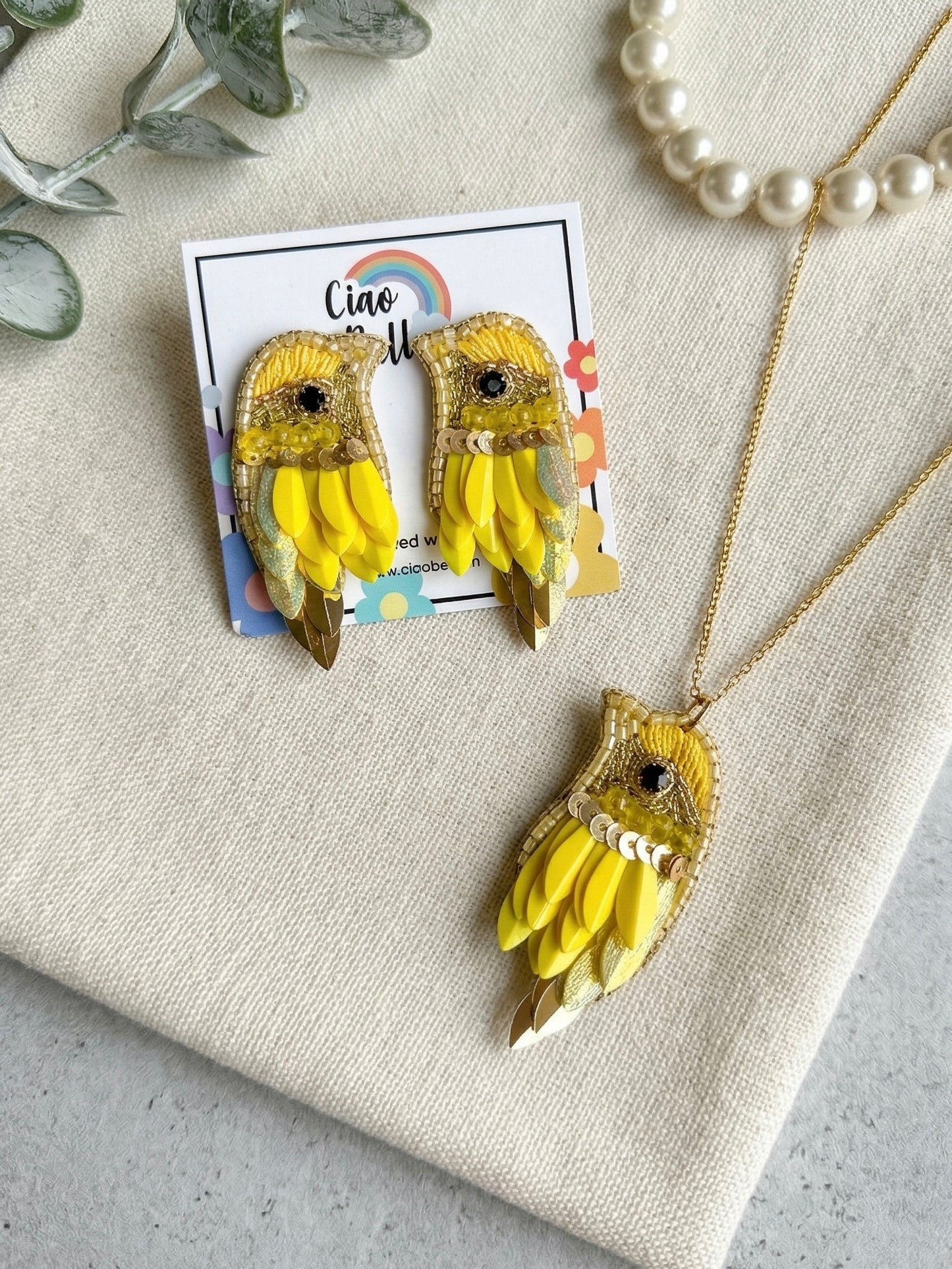 Chirpy Sunny Yellow Parrot Handmade Beaded Necklace + Earrings Set