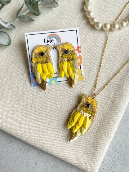 Chirpy Sunny Yellow Parrot Handmade Beaded Necklace + Earrings Set