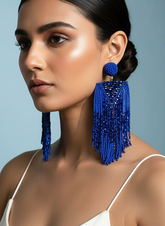 Luxe Midnight Blue Handmade Beaded Tassel Earrings