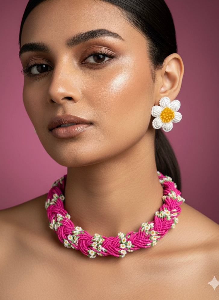 Luxe Flora Rose Pink Handmade Beaded Necklace + Earrings Set