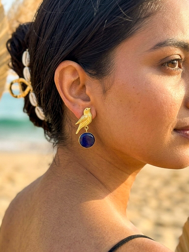 Hello Birdie Handmade Brass Earrings - Blue Round