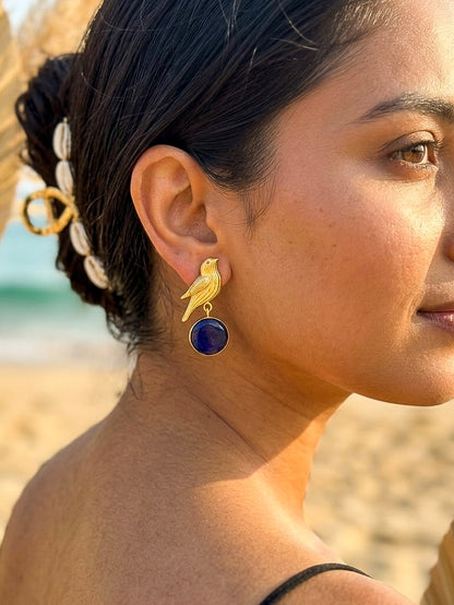 Hello Birdie Handmade Brass Earrings - Blue Round