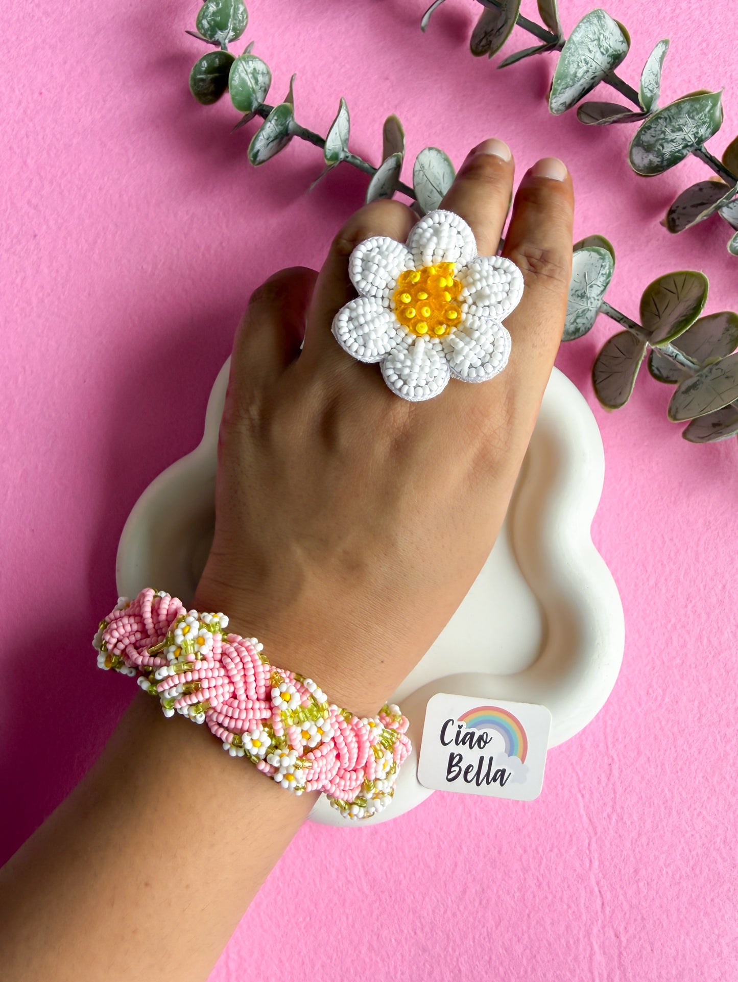 Luxe Flora Pink Handmade Beaded Bracelet + Ring Combo