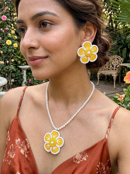 Sunshine Yellow Blossom Flower Handmade Beaded Necklace + Earrings Set