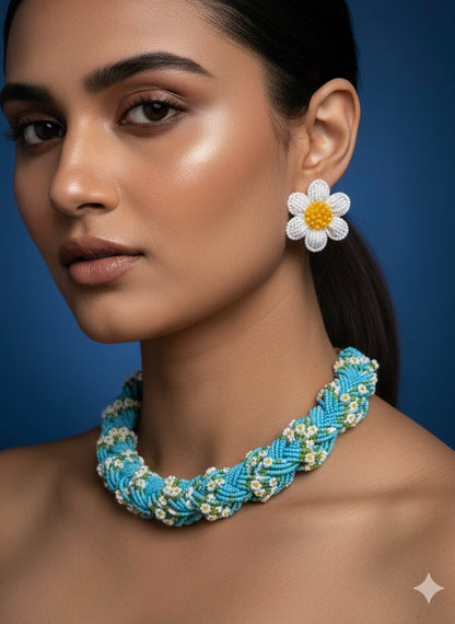 Luxe Flora Aqua Blue Handmade Beaded Necklace + Earrings Set