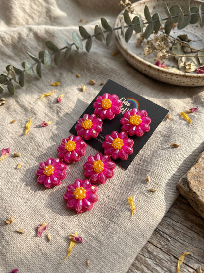 Sparkling Hot Pink Daisy Flower Handmade Beaded Drop Earrings