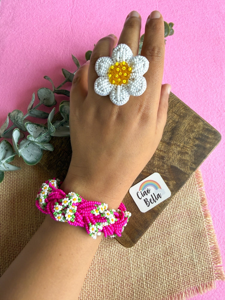 Luxe Flora Rose Pink Handmade Beaded Bracelet + Ring Combo