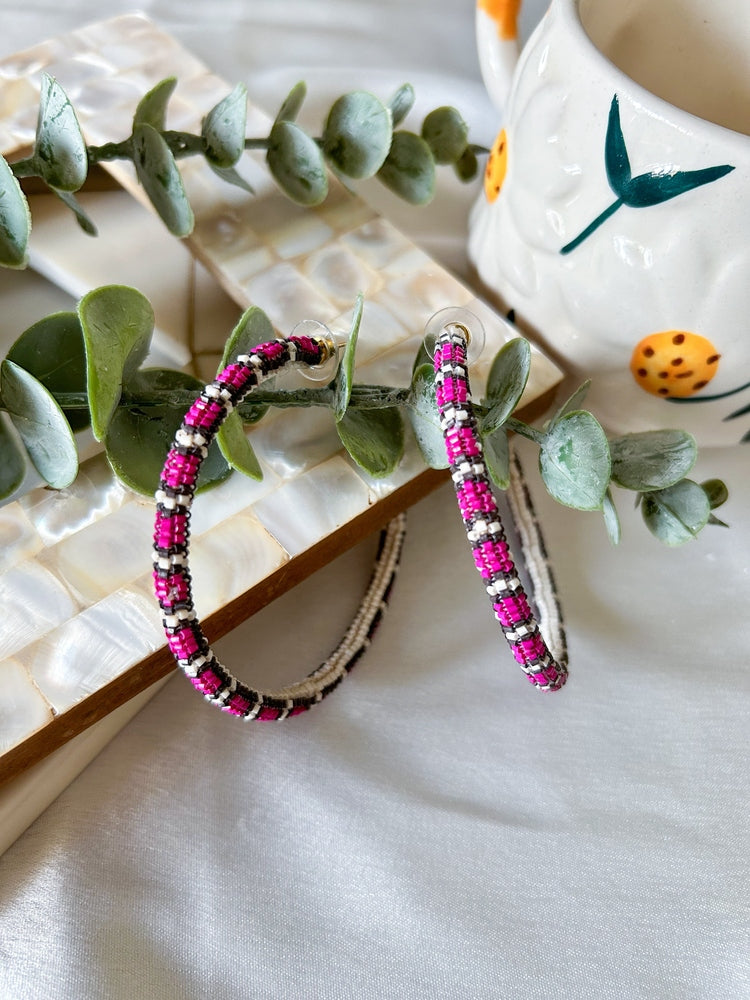 Ivory Pink Fusion Hoop Handmade Beaded Earrings