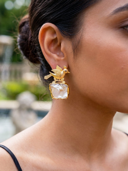 Cute Birdie Mother Of Pearl Handmade Brass Earrings