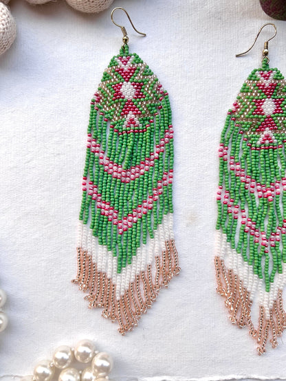 Long Jade Bohemian Handmade Beaded Tassel Earrings