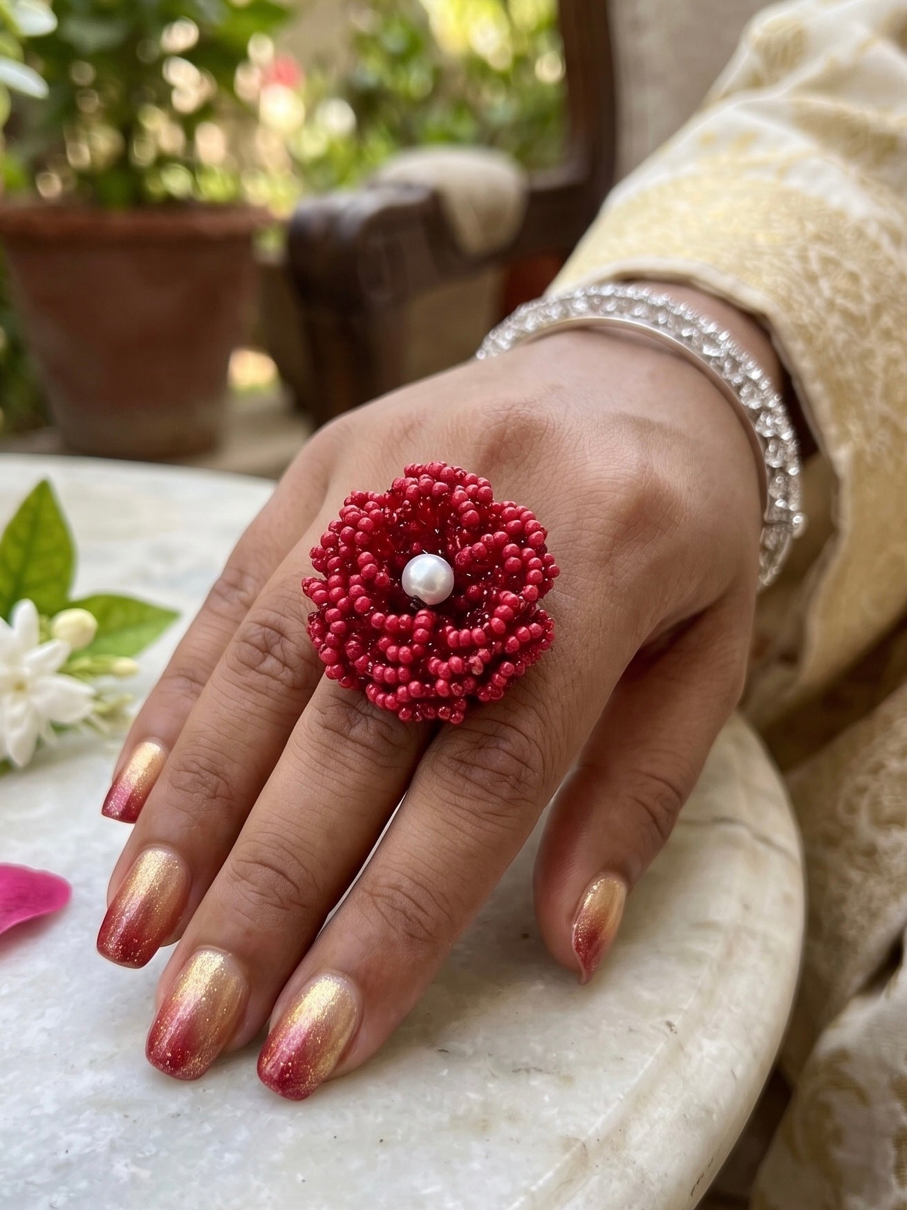 Crochet Deep Red 3D Rose Flower Handmade Beaded Ring