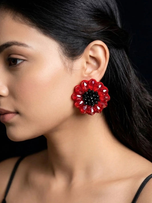 Sparkling Red Poppy Stud Handmade Beaded Earrings