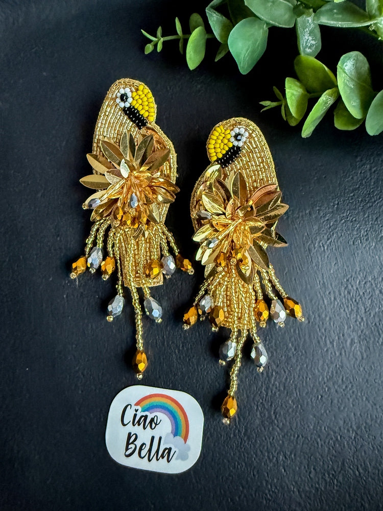 Luxe Paradise Golden Parrot Earrings Handmade Beaded Bird Earrings