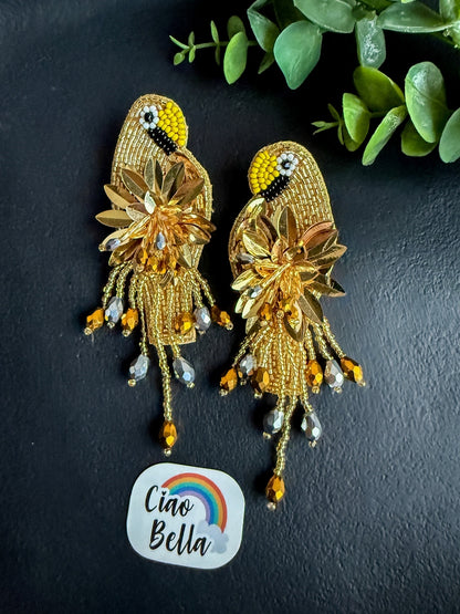 Luxe Paradise Golden Parrot Earrings Handmade Beaded Bird Earrings