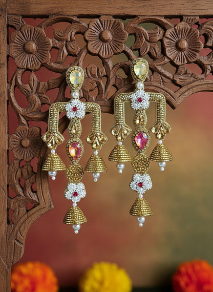 Rajwada Yellow Pink Danglers Handmade Beaded Statement Earrings
