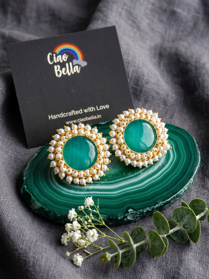 Sitara Green Pearl Round Handmade Brass Earrings