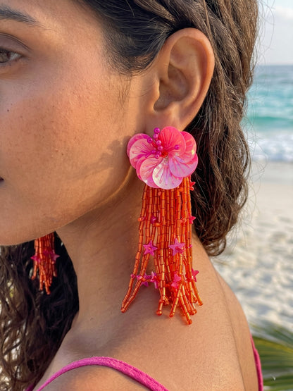 Sunset Pink Orange Star Flower Handmade Beaded Earrings