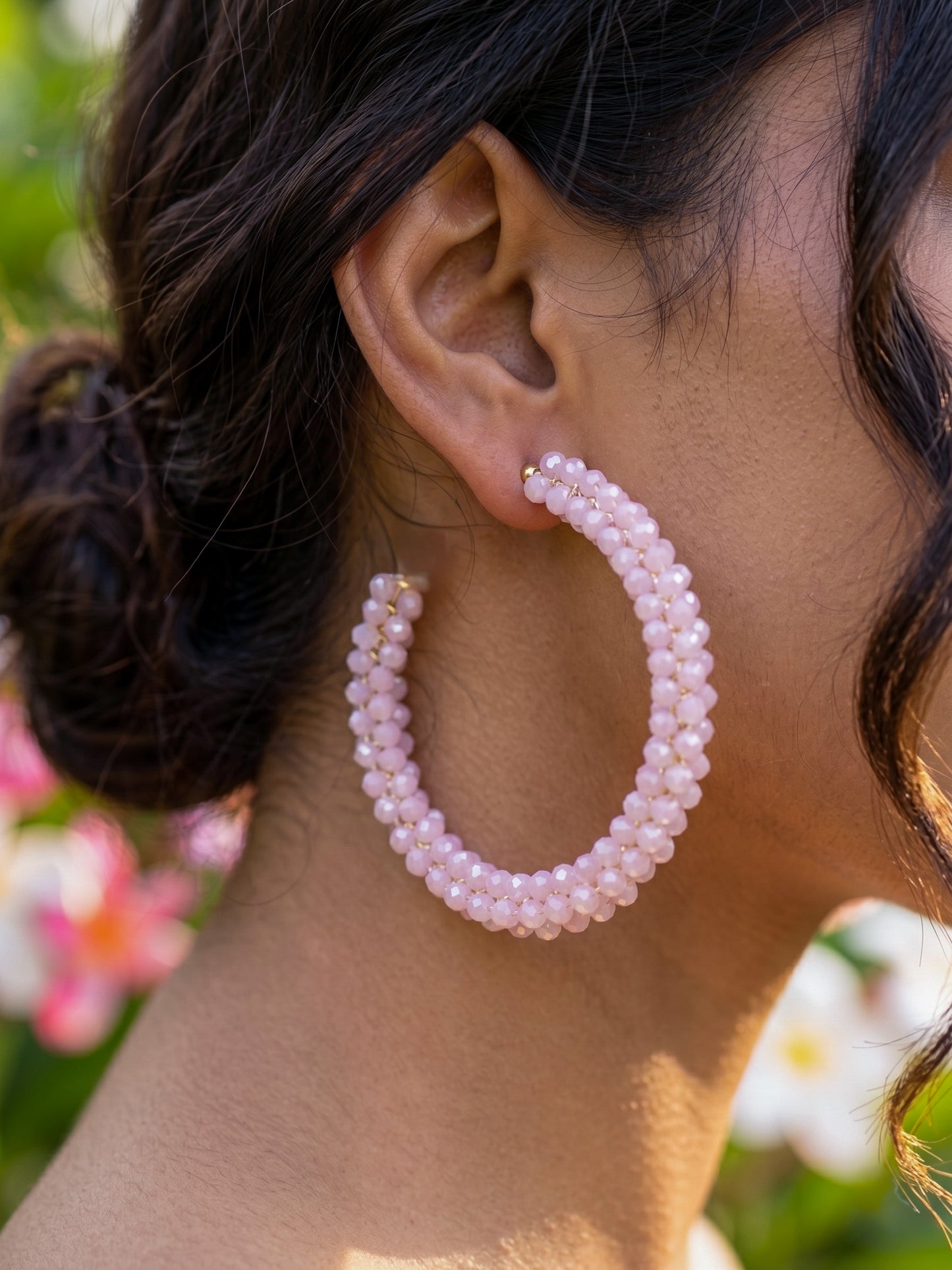 Woven Blush Pink Crystal Handmade Beaded Hoop Earrings