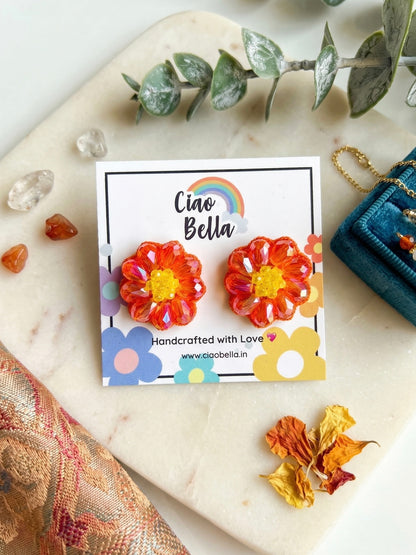 Sparkling Sunset Orange Flower Handmade Beaded Stud Earrings