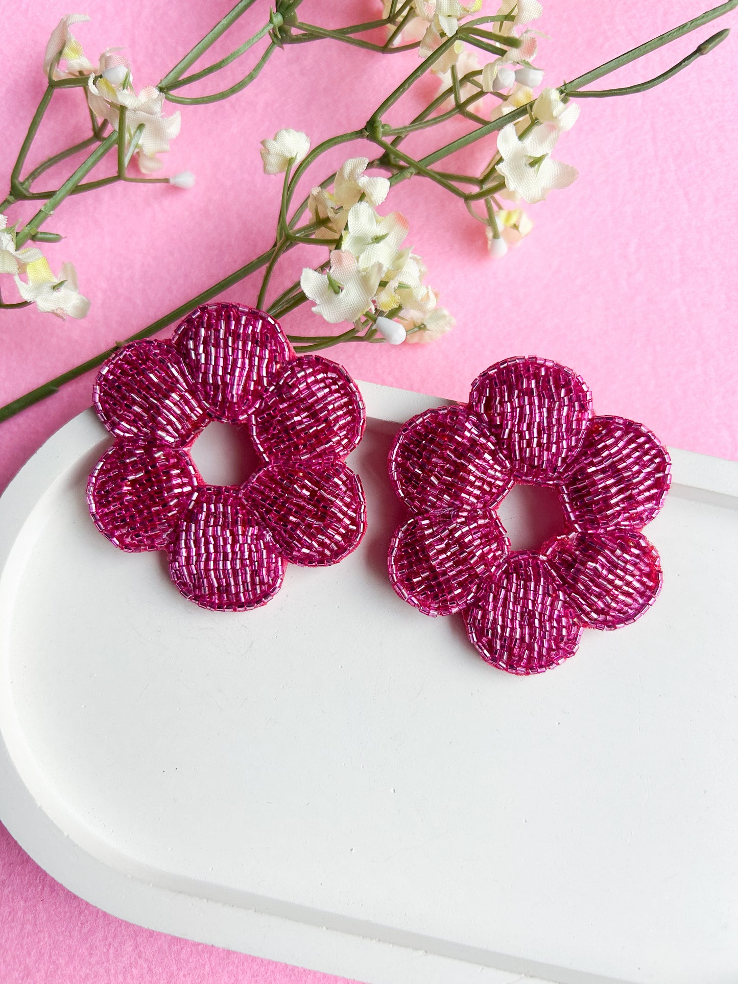 Pink Velvet Handmade Beaded Earrings