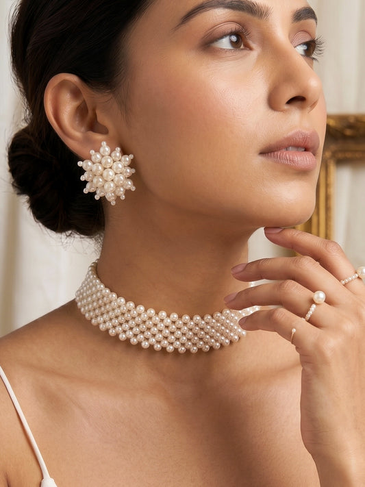 Ira Pearl Handmade Choker Necklace + Earrings Set