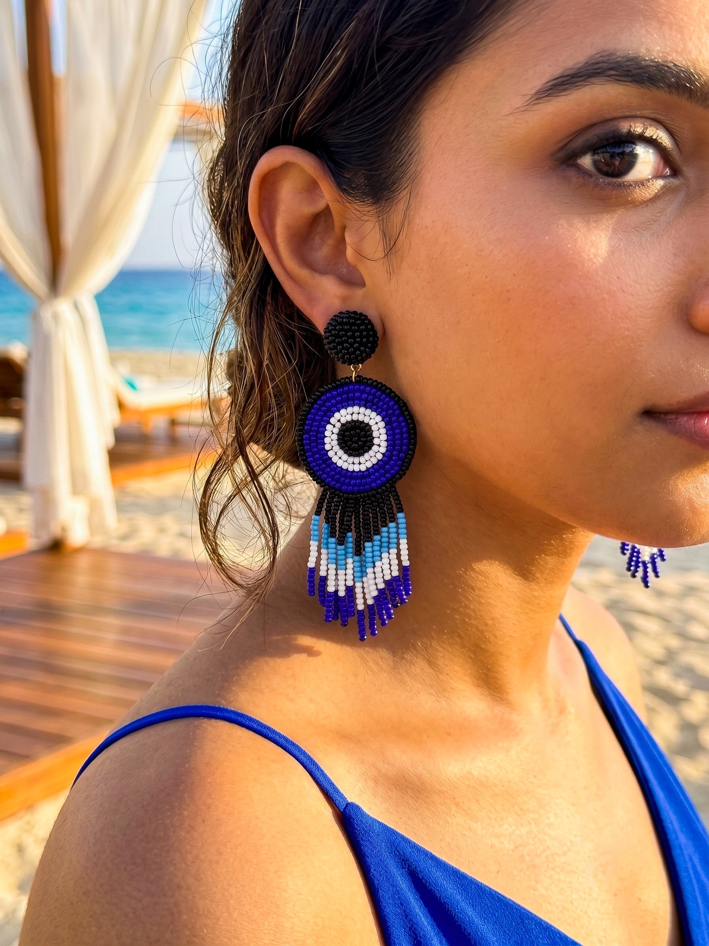 Boho Blue Evil Eye Handmade Beaded Earrings