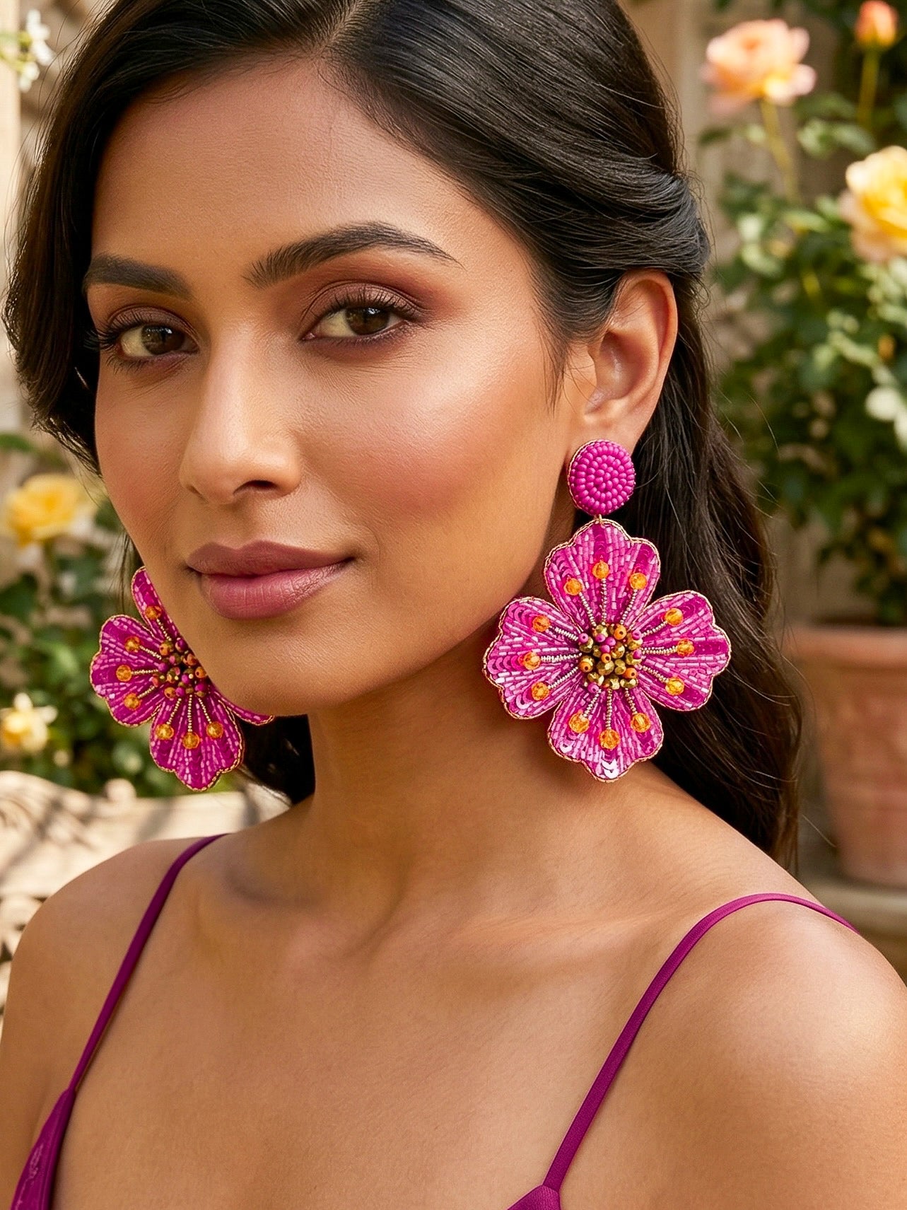 Rosey Glow Pink Flower Handmade Beaded Earrings