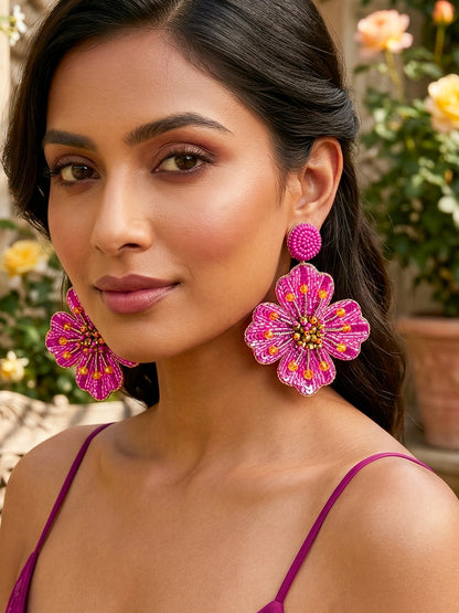 Rosey Glow Pink Flower Handmade Beaded Earrings