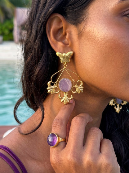 Elowen Butterfly Drops Lilac Handmade Brass Earrings