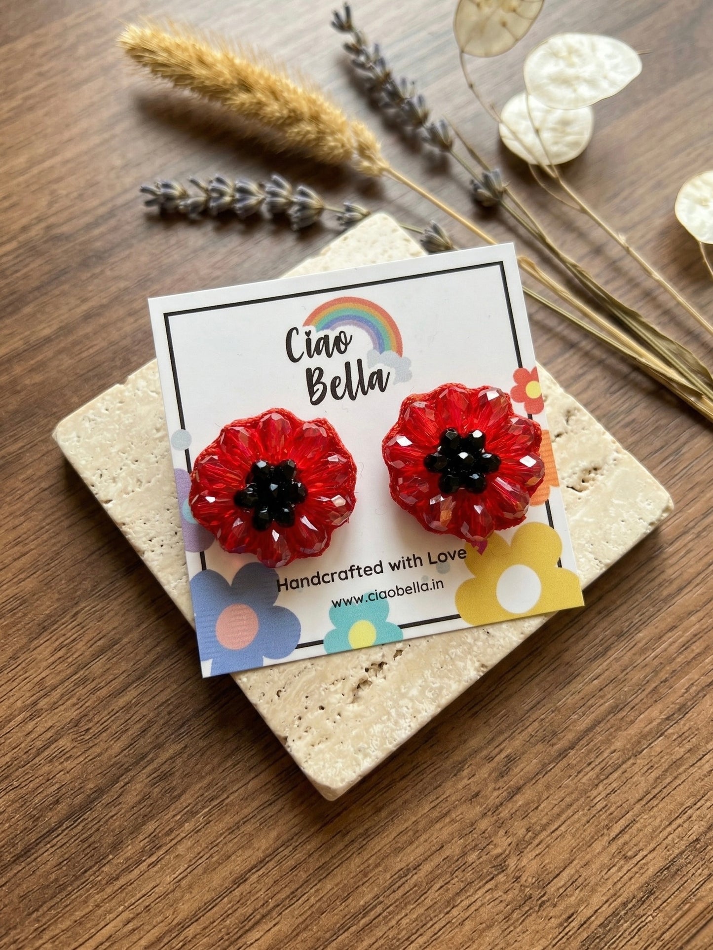 Sparkling Red Flower Handmade Beaded Stud Earrings