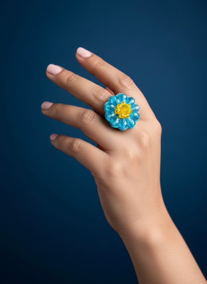 Daisy Dream Blue Handmade Beaded Flower Ring