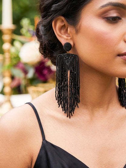 Luxe Midnight Black Handmade Beaded Tassel Earrings