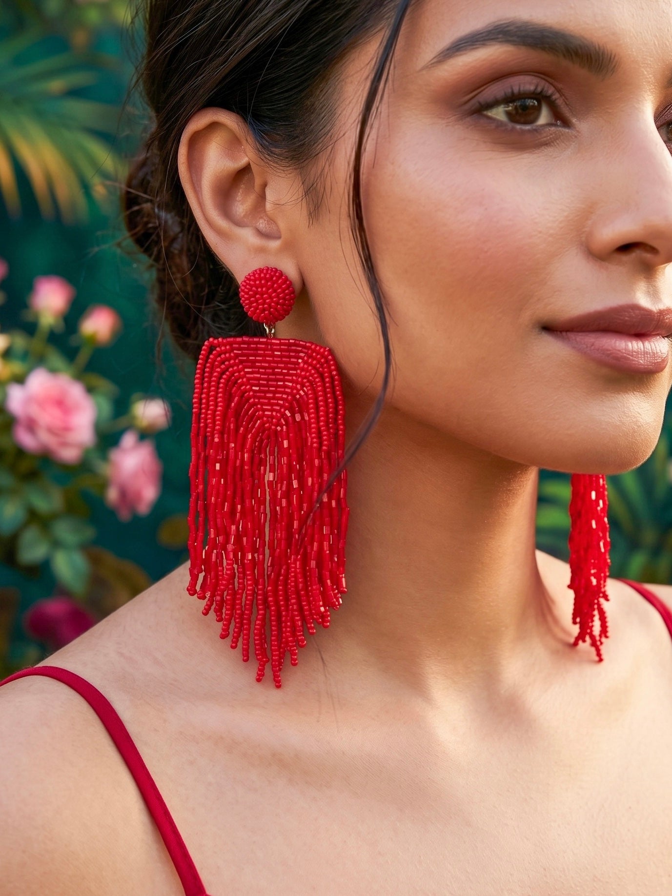 Luxe Crimson Red Handmade Beaded Tassel Earrings
